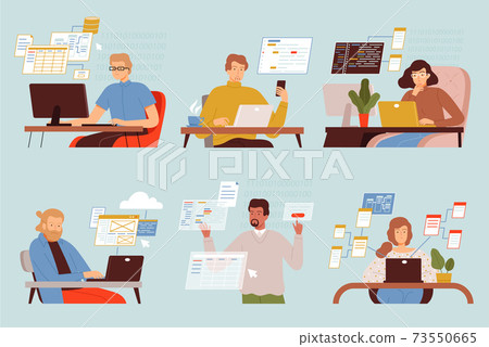 Programmers working. Freelancers blogger students homework digital computer pc or laptop nowaday vector characters 73550665