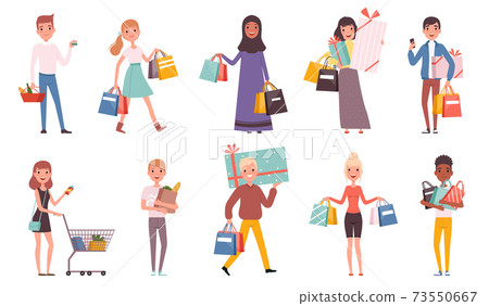 Buyers. Retail supermarket buyers with shopping bags shopaholic persons nowaday vector characters Buyers. Retail supermarket buyers with shopping bags shopaholic persons nowaday vector characters 73550667