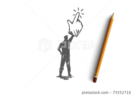 Click here, finger, man, push concept. Hand drawn isolated vector. 73552718