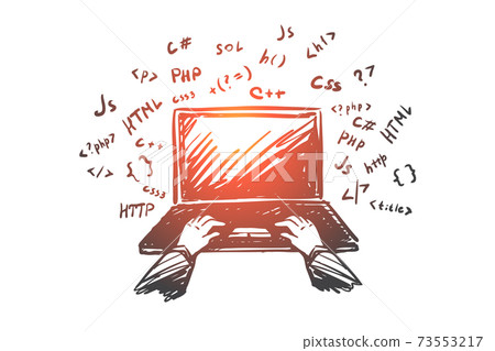 Coding, programmer, laptop, internet, work concept. Hand drawn isolated vector. Coding, programmer, laptop, internet, work concept. Hand drawn isolated vector. 73553217