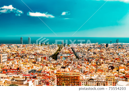 Panorama on Barcelona city from Montjuic castle.Catalonia. Spain. Panorama on Barcelona city from Montjuic castle.Catalonia. Spain. 73554203