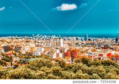Panorama on Barcelona city from Montjuic castle.Catalonia. Spain. 73554206