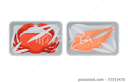 Salmon Steak and Crab in Plastic Serving Tray Vector Set 73555470