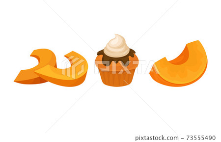 Sweet Pumpkin Foodstuff with Baked Cupcake Vector Set 73555490
