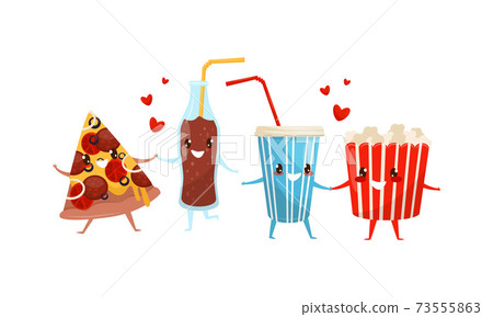 Kawaii Coke Holding Hands with Popcorn and Pizza Slice Vector Set 73555863