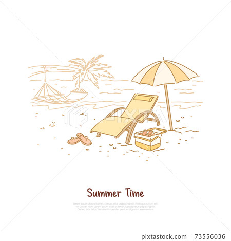 Holiday vacation, tropical beach with hammock on palm tree, umbrella, drinks in cooler bag, travel agency service banner 73556036