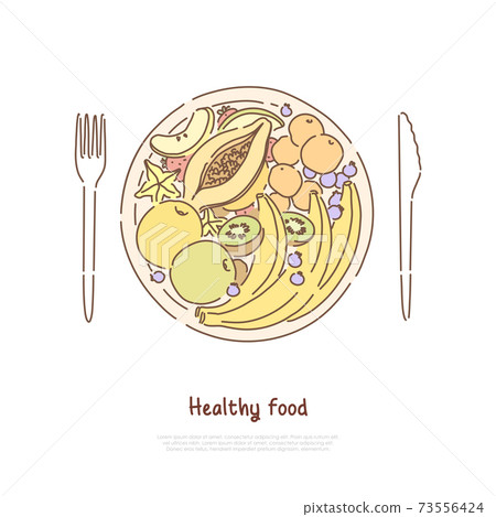 Fruit salad in plate, exotic kiwi, tangerine, carambola slices, raw apples, tropical bananas banner template 73556424