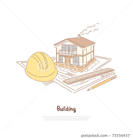 Building construction industry, real estate agency, modern house model on project drafts, property investment banner Building construction industry, real estate agency, modern house model on project drafts, property investment banner 73556437