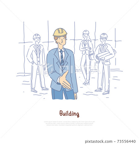 Building engineer, architects team, crew coworking, business partners, businessman giving hand for handshaking banner Building engineer, architects team, crew coworking, business partners, businessman giving hand for handshaking banner 73556440