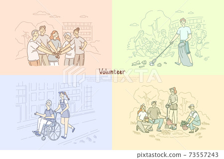 Volunteer group, social workers planting trees, cleaning park area, caregivers helping senior people banner template 73557243