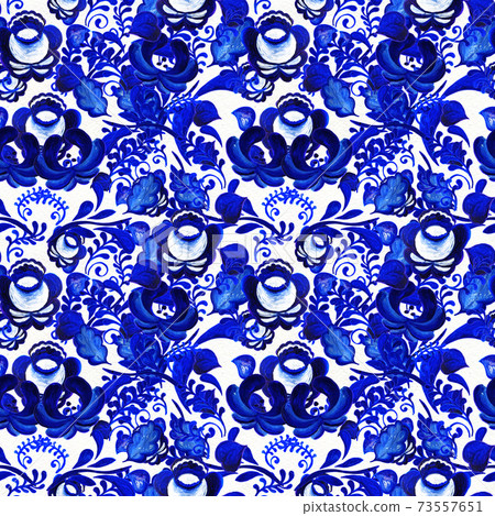 Blue floral seamless pattern in Russian gzhel background 73557651