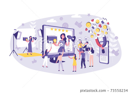 Business Concept Blogging, Vlog, Advertising, marketing. Teamwork Businessmen and Celebrity Advance of the Content together Business Concept Blogging, Vlog, Advertising, marketing. Teamwork Businessmen and Celebrity Advance of the Content together 73558234