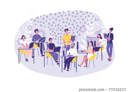 Business Concept Hackathon, Programming. Group of clerks or programmers do their job. Teamwork Hackers and Managers in the office. 73558237