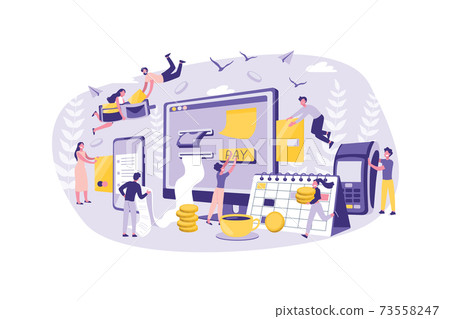 Business Concept Online Payment, Bills. Group of Clerks Improves the Work of Money Transfers. Teamwork of Businessmen at Office Business Concept Online Payment, Bills. Group of Clerks Improves the Work of Money Transfers. Teamwork of Businessmen at Office 73558247