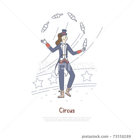 Juggler performing, professional actor in circus arena, performer juggling with pins banner template 73558289