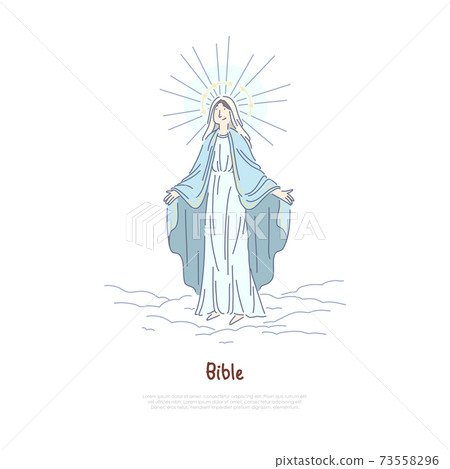 Virgin Mary, holy woman praying, saint in heaven, Jesus Christ Mother, biblical story character banner template 73558296