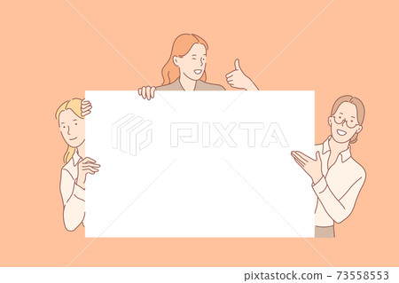 Girls holding big empty banner concept Girls holding big empty banner concept 73558553