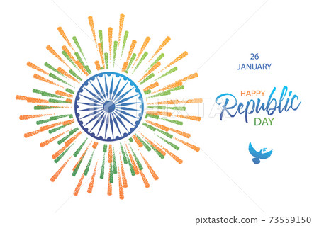 Happy Indian Republic Day 26 January poster. Beautiful card scratched calligraphy blue text word, fireworks national flag, dove of peace. Handwritten brush lettering white background isolated vector. 73559150