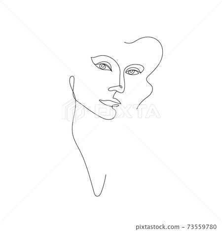 Vector hand drawn linear art, woman face, continuous line, fashion concept, feminine beauty minimalist. Print, illustration for t-shirt, design, logo for cosmetics Vector hand drawn linear art, woman face, continuous line, fashion concept, feminine beauty minimalist. Print, illustration for t-shirt, design, logo for cosmetics 73559780