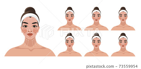 Step-by-step instructions for face and neck massage, face rejuvenation, lifting, anti-aging cosmetic care for women. Scheme of massage lines. Cartoon vector illustration isolated on white background. Step-by-step instructions for face and neck massage, face rejuvenation, lifting, anti-aging cosmetic care for women. Scheme of massage lines. Cartoon vector illustration isolated on white background. 73559954