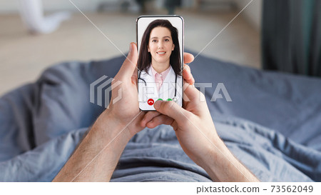 Man talking with doctor online via video call on smartphone, collage 73562049