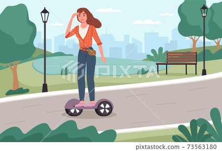 Electric city transport. Young girl rides segway in park location, outdoor active lifestyle, modern green street movement method, ecology personal electric scooter vector concept 73563180