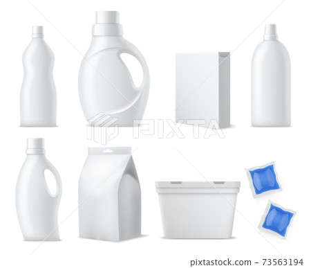 Laundry products mockup. Realistic clean white plastic bottles, containers and packs, washing powders, capsules packaging and gels. Household cleaning products vector 3d isolated set Laundry products mockup. Realistic clean white plastic bottles, containers and packs, washing powders, capsules packaging and gels. Household cleaning products vector 3d isolated set 73563194