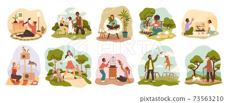 People with pets. Happy owners domestic animals... - Stock Illustration  [73563210] - PIXTA