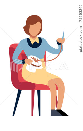 Woman doing needlework at home. Female character with thread and needle, girl embroiders, homemade clothes and decor, leisure time and hobby flat vector cartoon isolated illustration Woman doing needlework at home. Female character with thread and needle, girl embroiders, homemade clothes and decor, leisure time and hobby flat vector cartoon isolated illustration 73563243