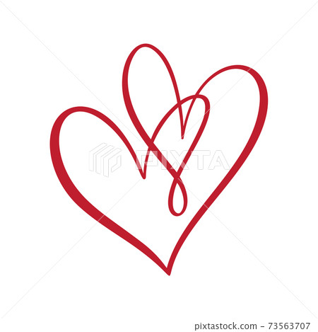 Two flourish red lovers hand drawn hearts. - Stock Illustration