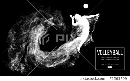 Abstract silhouette of a volleyball player man on dark, black background from particles. Volleyball player is jumping and kicks the ball. Background can be changed to any other. Vector illustration Abstract silhouette of a volleyball player man on dark, black background from particles. Volleyball player is jumping and kicks the ball. Background can be changed to any other. Vector illustration 73563799