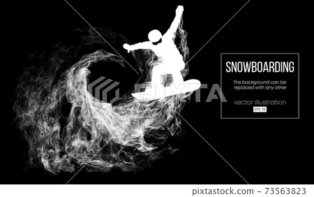 Abstract silhouette of a snowboarder jumping isolated on dark, black background from particles. Snowboarder jumping and performs a trick. Background can be changed to any other. Vector illustration Abstract silhouette of a snowboarder jumping isolated on dark, black background from particles. Snowboarder jumping and performs a trick. Background can be changed to any other. Vector illustration 73563823