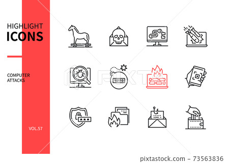 Computer attacks - line design style icons set Computer attacks - line design style icons set 73563836