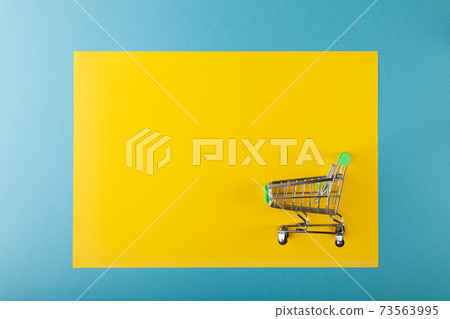 Empty supermarket shopping grocery cart on colored background 73563995