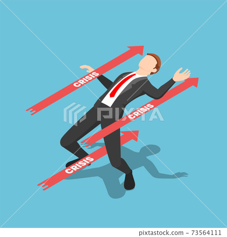 Isometric Businessman Avoided Red Crisis Arrow Isometric Businessman Avoided Red Crisis Arrow 73564111
