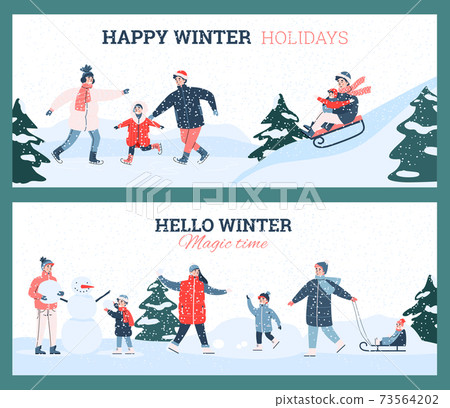 Winter family fun activities in snowy season or during christmas holidays. 73564202