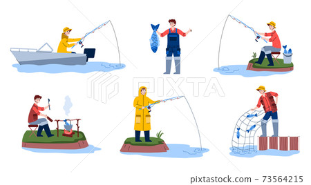 Set of scenes fishing - fisherman hobby on leisure a vector flat illustration. 73564215