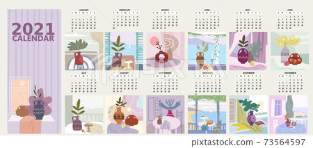 2021 Calendar grid mounthly Still life abstract contemorary minimalism. Collection Vase flora intreior abstract elements shapes. Modern poster, banner, cover, social media content. Vector isolated 73564597
