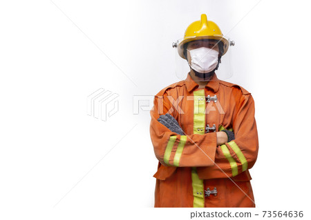 Firefighter rescue, fireman standing portrait wear protective mask to prevent coronavirus (CoVID-19) pandemic isolated on white background. 73564636