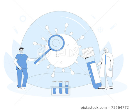 Coronavirus medical reseach concept. Covid treatment complete development. Laboratory discovery prevention medicine. Scientists conclude phase 3 study of covid vaccine candidate. Vector line art Coronavirus medical reseach concept. Covid treatment complete development. Laboratory discovery prevention medicine. Scientists conclude phase 3 study of covid vaccine candidate. Vector line art 73564772