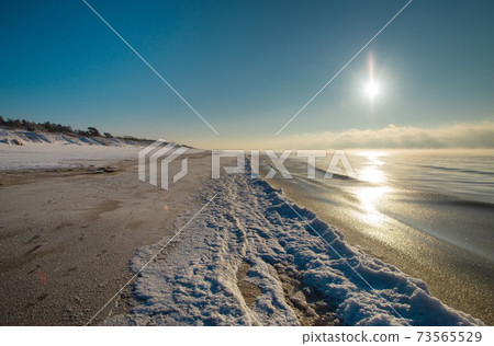 Snow Curonian Spit dunes in January winter sunny day. Blue sky and sea, no people on the beach, calm and beautiful view. Near Klaipeda city in Lithuania Snow Curonian Spit dunes in January winter sunny day. Blue sky and sea, no people on the beach, calm and beautiful view. Near Klaipeda city in Lithuania 73565529