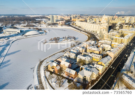 Snow-covered old center of Minsk from a height. The Trinity suburb. Belarus 73565760