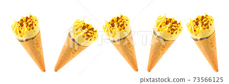 ice cream in waffle cones isolated on white background. Collage. Wide photo. 73566125