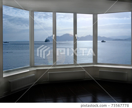 Panoramic window overlooking in ocean with ships. Domestic concept Panoramic window overlooking in ocean with ships. Domestic concept 73567778