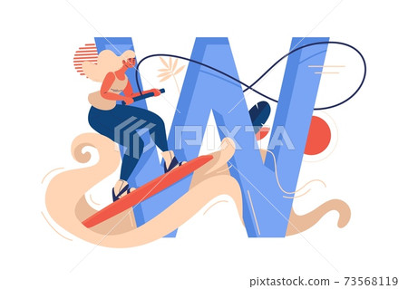 Wakeboarding woman with large letter W, water and rope isolated on white. Active female character riding wakeboard Wakeboarding woman with large letter W, water and rope isolated on white. Active female character riding wakeboard 73568119
