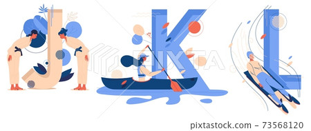 Letter J for judo, K for kayaking, L for luge isolated on white. Vector educative collection with women sport characters training and riding kayak and sled 73568120