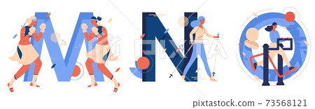Capital letters M for muay thai, N for nordic walking, o for outdoor gym. Educative collection with creative lettering and women training sports Capital letters M for muay thai, N for nordic walking, o for outdoor gym. Educative collection with creative lettering and women training sports 73568121