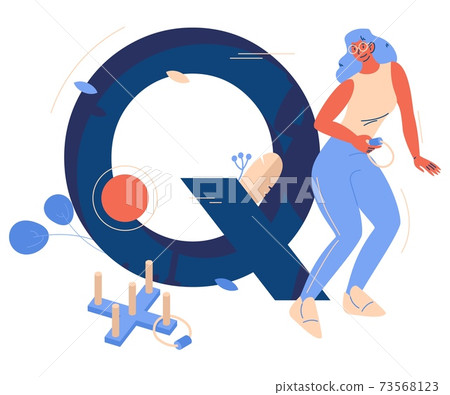 Woman playing quoits in front of large letter Q isolated on white. Vector sport character smiling ready for throwing 73568123