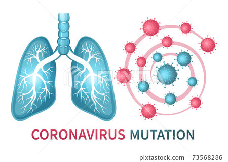 Coronavirus mutation sign. Evolution Covid-19. Biology research mutated virus cell infect human respiratory system. Prevention and treatment of pneumonia lung. Pandemic and lockdown. Vector 73568286