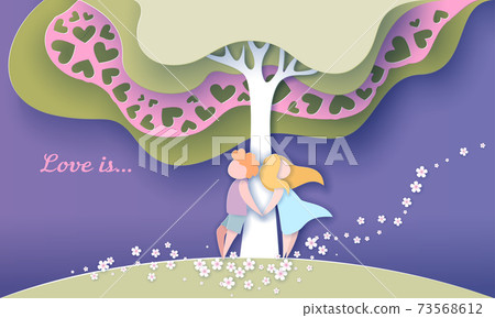 Valentines day card. Couple in love standing under the tree of love Valentines day card. Couple in love standing under the tree of love 73568612